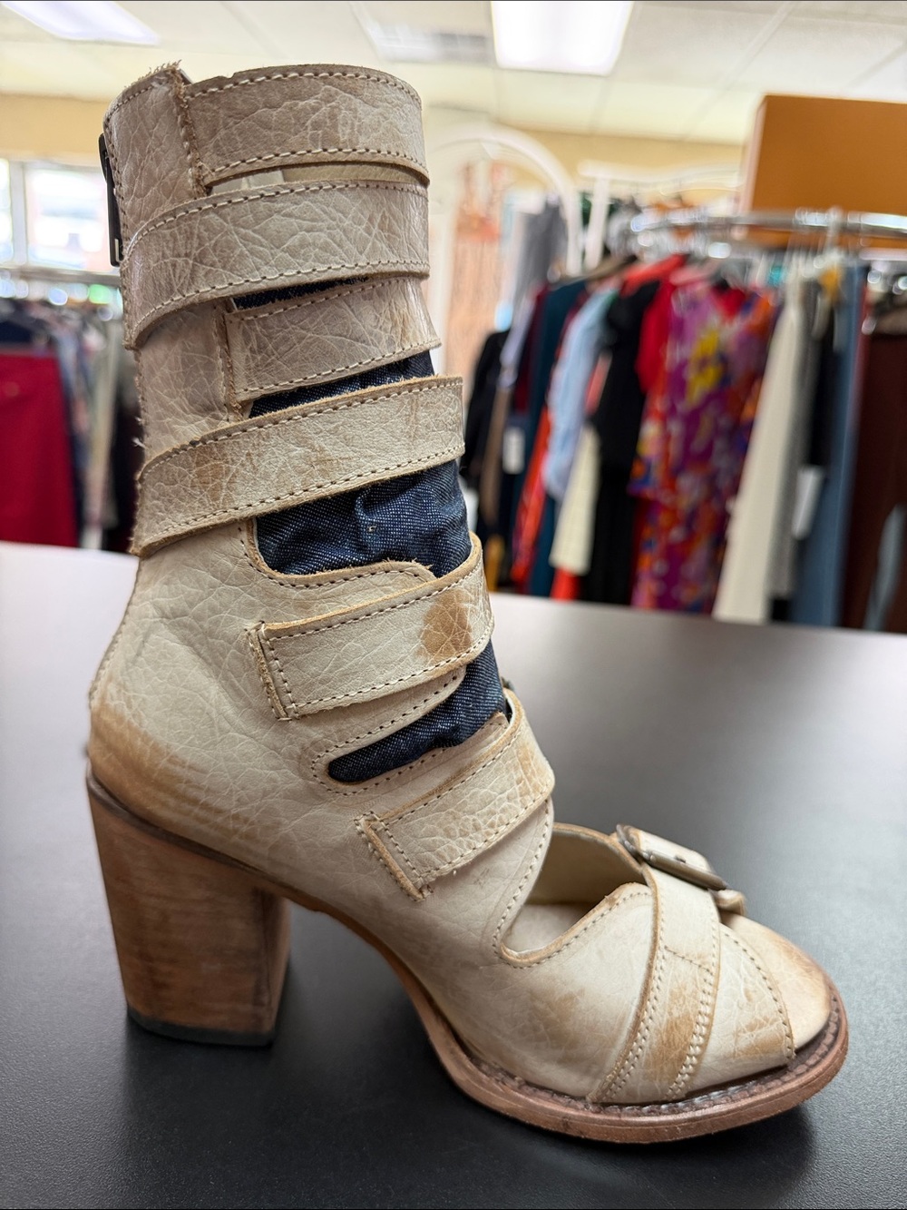 freebird Cream Strappy Buckle Open-Toe Heeled Boots with Denim Inset - Picture 9 of 15